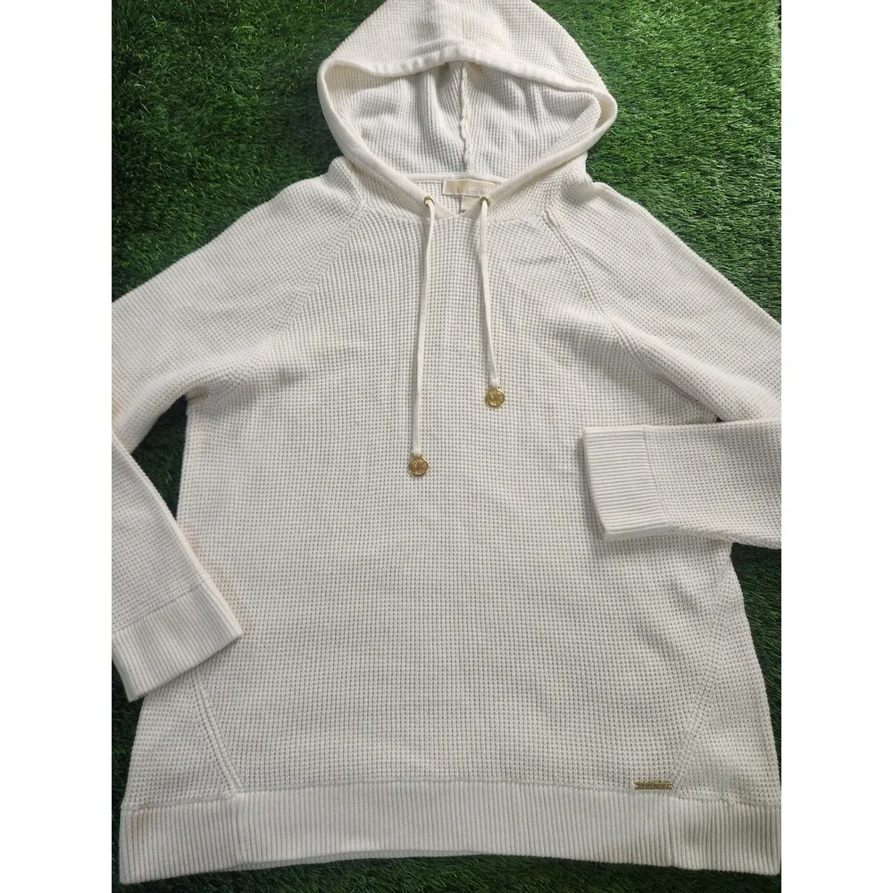 Michael Kors Womens 1X White Waffle Knit Hooded Pullover Sweater Gold Hardware